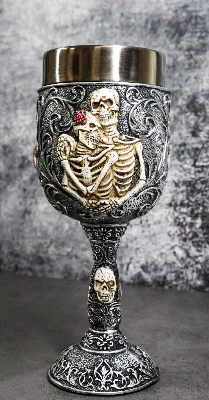ebros gift Wedding Cameo Skeletons Bridal Couple Love Never Dies Heart Crystals Wine Goblet