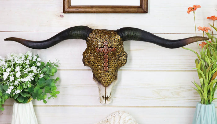 ebros gift Western 12 Gauge Shotgun Bullets Texas Longhorn Bull Cow Skull Wall Decor Plaque