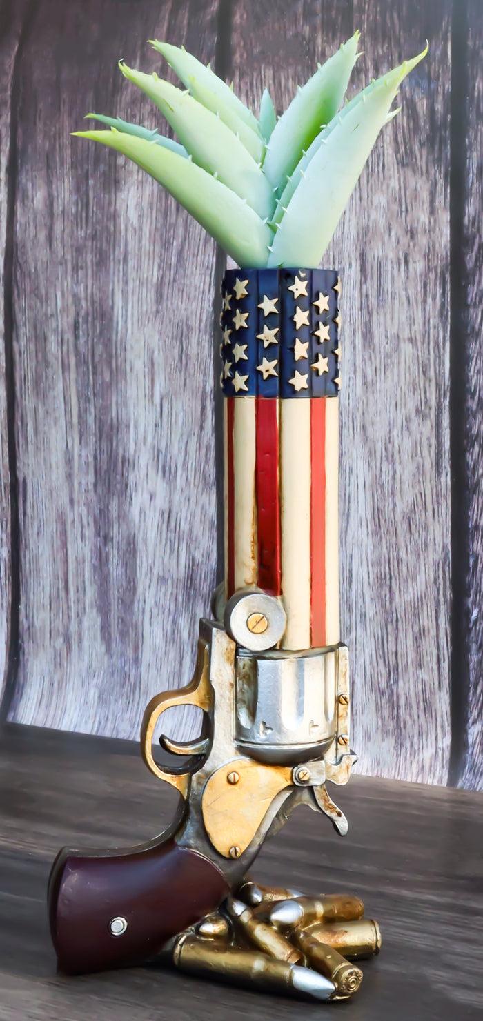ebros gift Western American Flag Cowboy Pistol Gun With Bullet Shells Floral Vase Decor