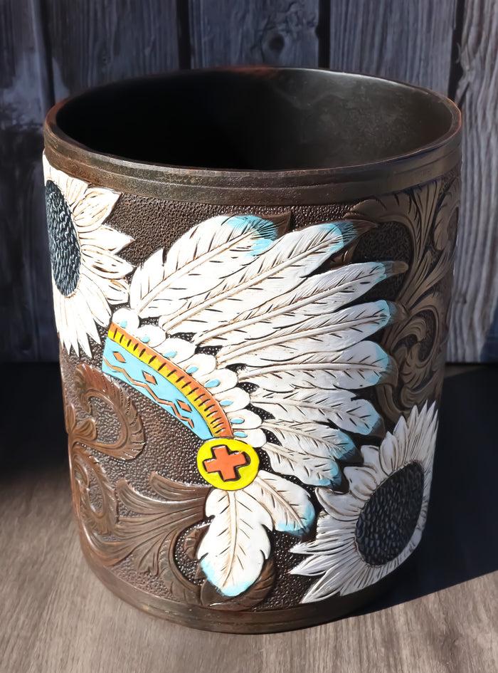 ebros gift Western American Indian Chief Headdress Eagle Feathers Waste Basket Trash Bin