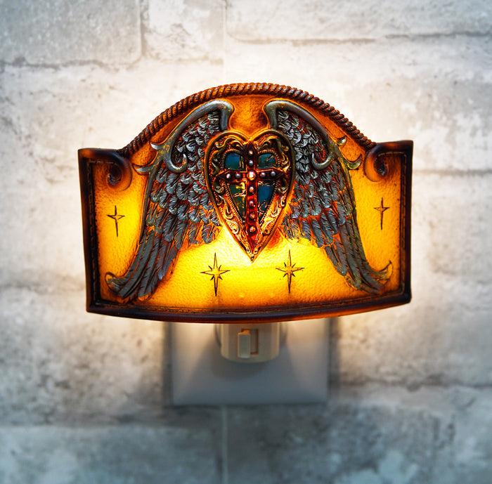 Ebros Gift Western Angel Wings Le Fleur Cross Turquoise Heart Wall Plug In Night Lights Set
