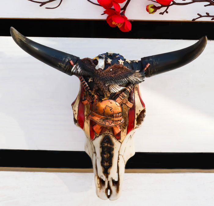 ebros gift Western Army Patriotic American Flag Eagle Rifles Helmet Cow Skull Wall Decor