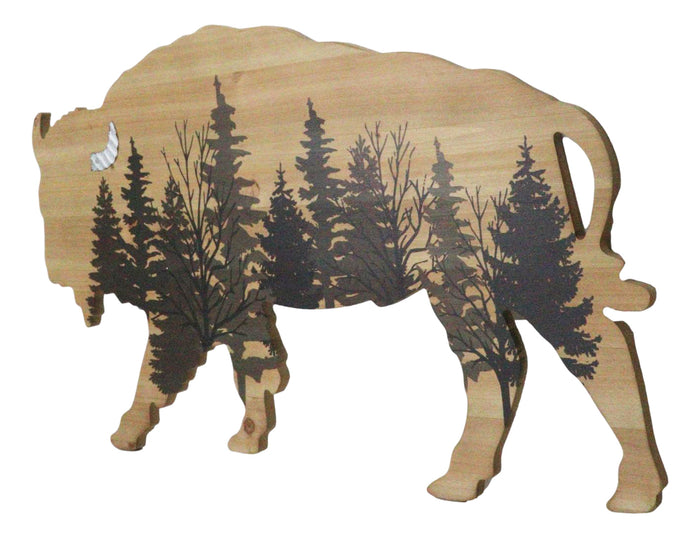 Ebros Gift Western Bison Buffalo With Forest Silhouette Wooden Plank Cutout Wall Decor