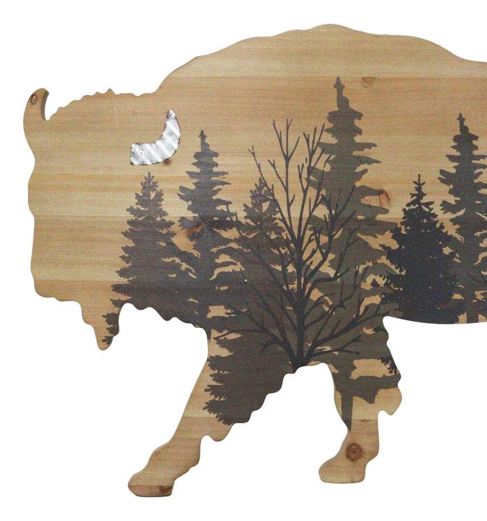 Ebros Gift Western Bison Buffalo With Forest Silhouette Wooden Plank Cutout Wall Decor