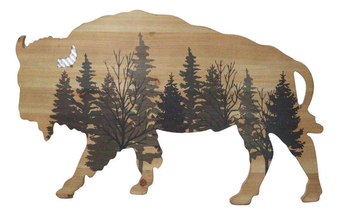 ebros gift Western Bison Buffalo With Forest Silhouette Wooden Plank Cutout Wall Decor