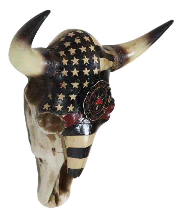 Ebros Gift Western Bison Bull Cow Skull With USA Flag Maltese Fire Fighter Cross Wall Decor