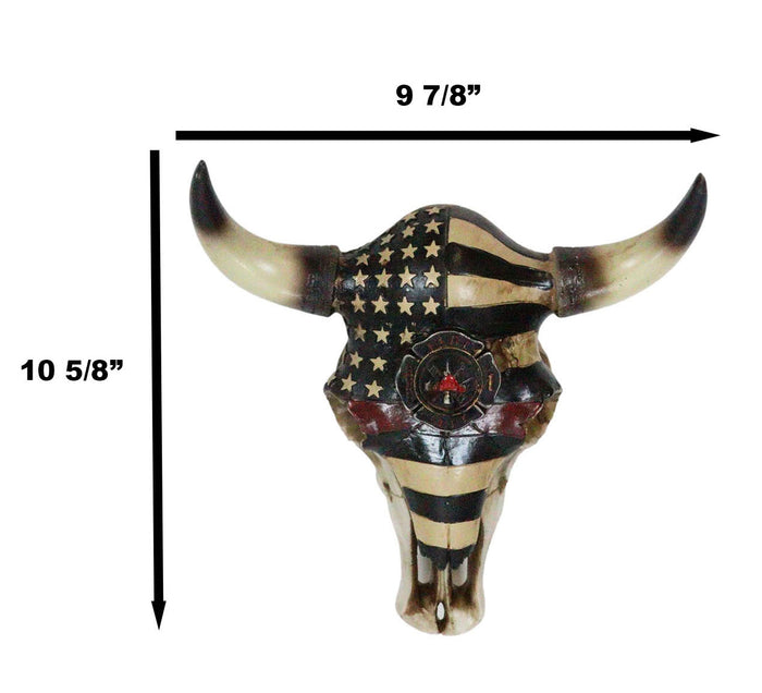 Ebros Gift Western Bison Bull Cow Skull With USA Flag Maltese Fire Fighter Cross Wall Decor