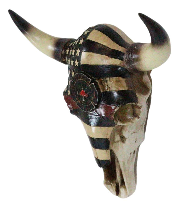 Ebros Gift Western Bison Bull Cow Skull With USA Flag Maltese Fire Fighter Cross Wall Decor