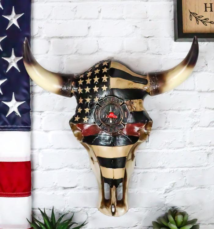 ebros gift Western Bison Bull Cow Skull With USA Flag Maltese Fire Fighter Cross Wall Decor