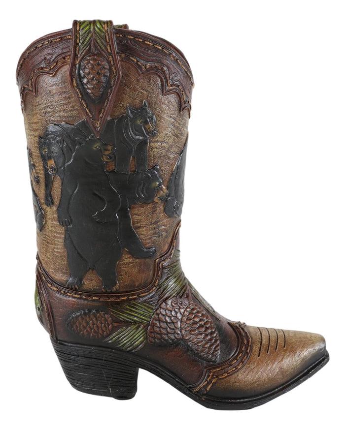 Ebros Gift Western Black Bear Family With Pine Cones Cowboy Cowgirl Boot Vase Figurine