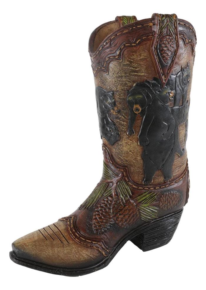 Ebros Gift Western Black Bear Family With Pine Cones Cowboy Cowgirl Boot Vase Figurine