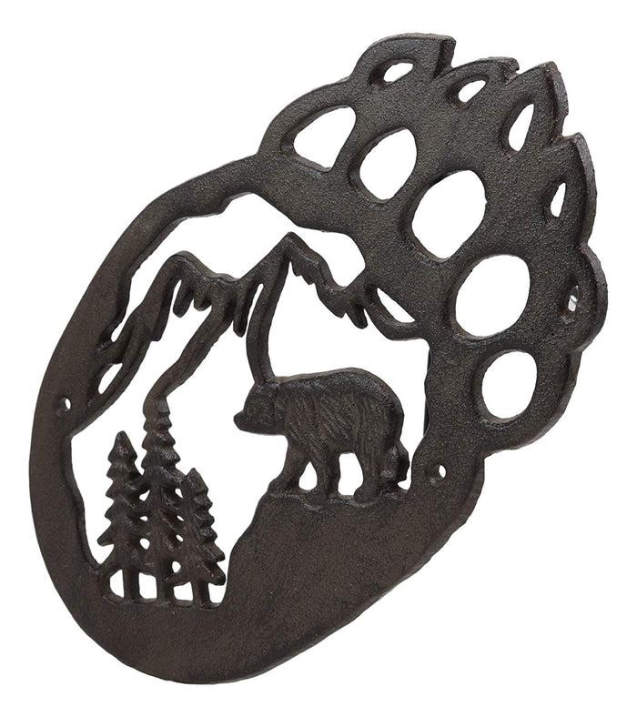 Ebros Gift Western Black Bear Paw With Pine Tree Forest And Mountain Cast Iron Wall Decor