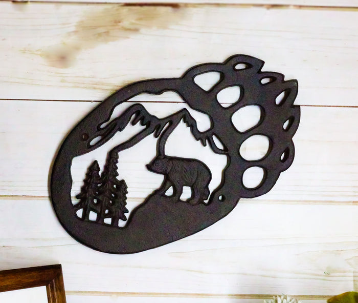 Ebros Gift Western Black Bear Paw With Pine Tree Forest And Mountain Cast Iron Wall Decor