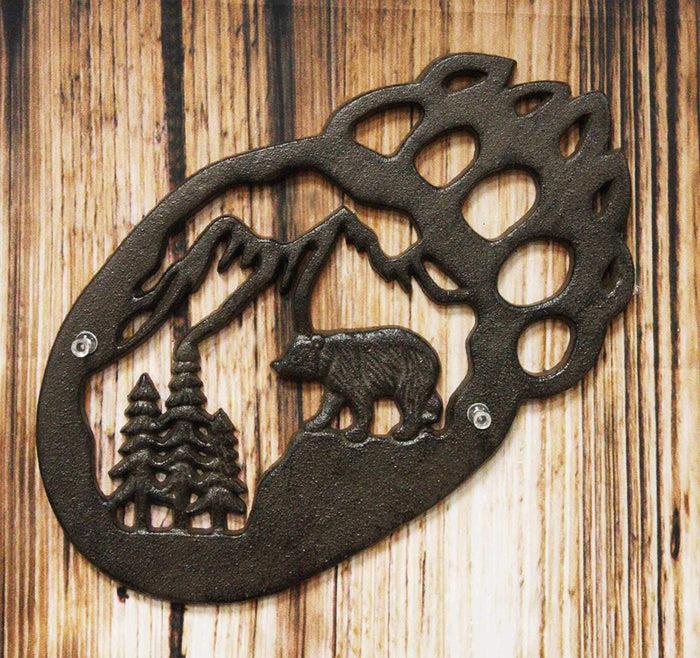 ebros gift Western Black Bear Paw With Pine Tree Forest And Mountain Cast Iron Wall Decor