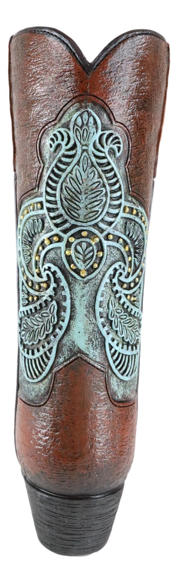 Ebros Gift Western Boho Chic Turquoise Floral Lace Tooled Leather Cowboy Boot Flower Vase