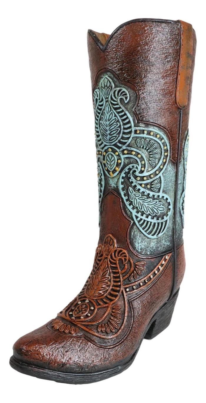 Ebros Gift Western Boho Chic Turquoise Floral Lace Tooled Leather Cowboy Boot Flower Vase
