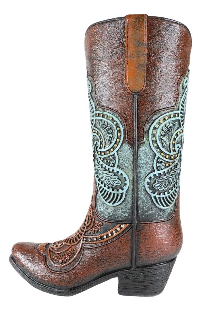Ebros Gift Western Boho Chic Turquoise Floral Lace Tooled Leather Cowboy Boot Flower Vase