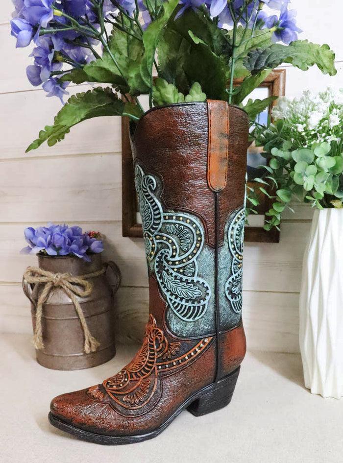 ebros gift Western Boho Chic Turquoise Floral Lace Tooled Leather Cowboy Boot Flower Vase