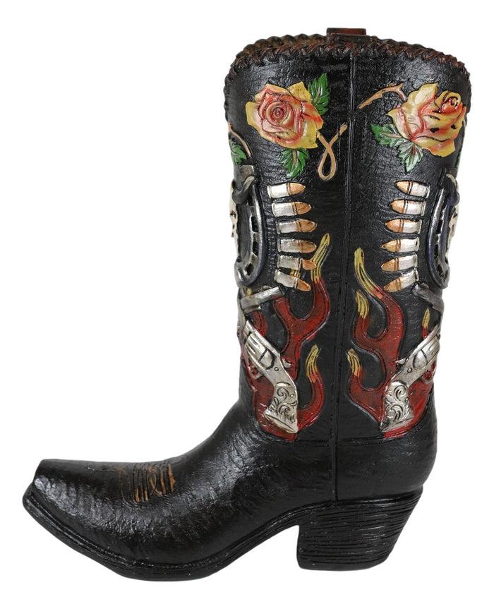 Ebros Gift Western Bull Skull Roses Six Shooters And Fire Cowboy Boot Vase Planter Figurine
