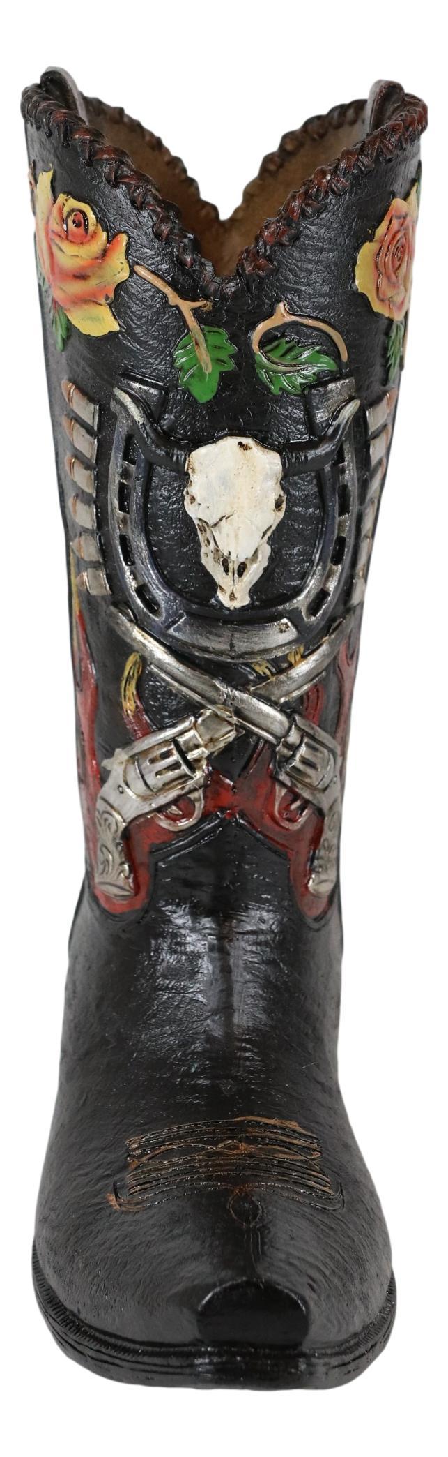 Ebros Gift Western Bull Skull Roses Six Shooters And Fire Cowboy Boot Vase Planter Figurine