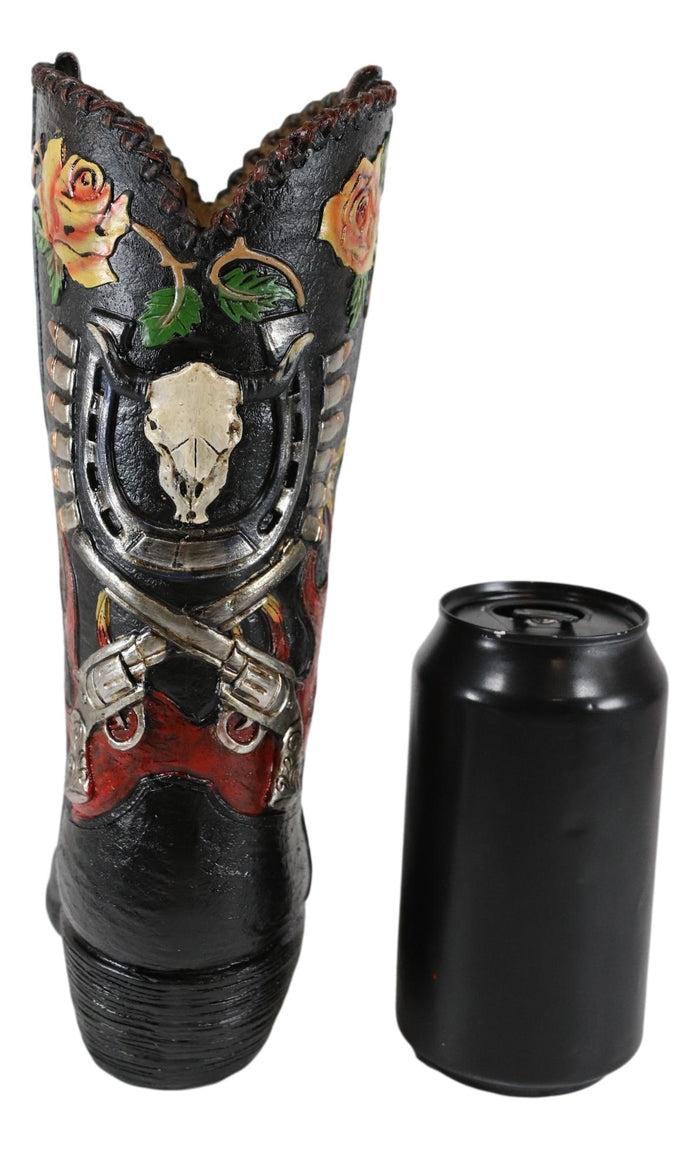 Ebros Gift Western Bull Skull Roses Six Shooters And Fire Cowboy Boot Vase Planter Figurine