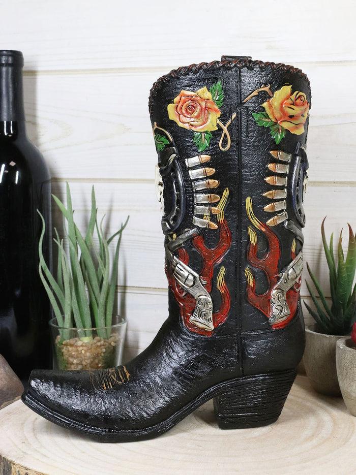ebros gift Western Bull Skull Roses Six Shooters And Fire Cowboy Boot Vase Planter Figurine