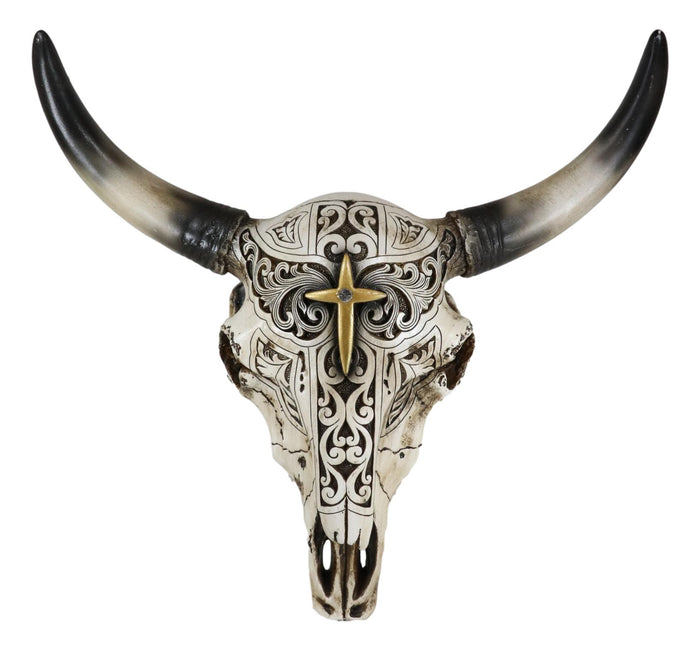 Ebros Gift Western Bull Steer Bison Cow Skull Filigree With Gold Cross Wall Decor Figurine