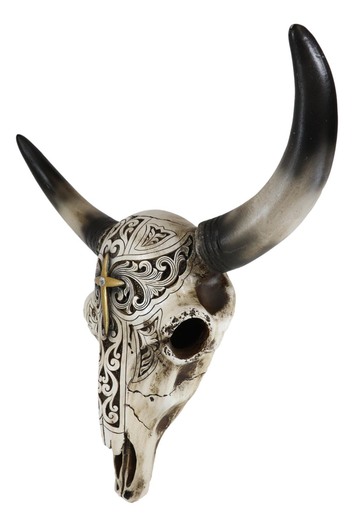Ebros Gift Western Bull Steer Bison Cow Skull Filigree With Gold Cross Wall Decor Figurine