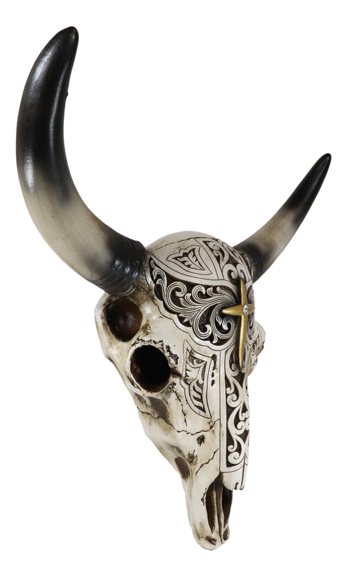 Ebros Gift Western Bull Steer Bison Cow Skull Filigree With Gold Cross Wall Decor Figurine