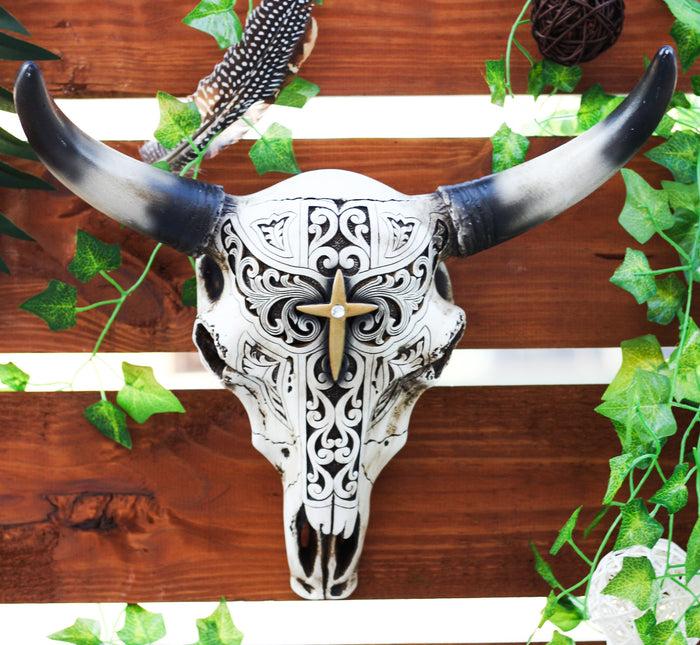 ebros gift Western Bull Steer Bison Cow Skull Filigree With Gold Cross Wall Decor Figurine