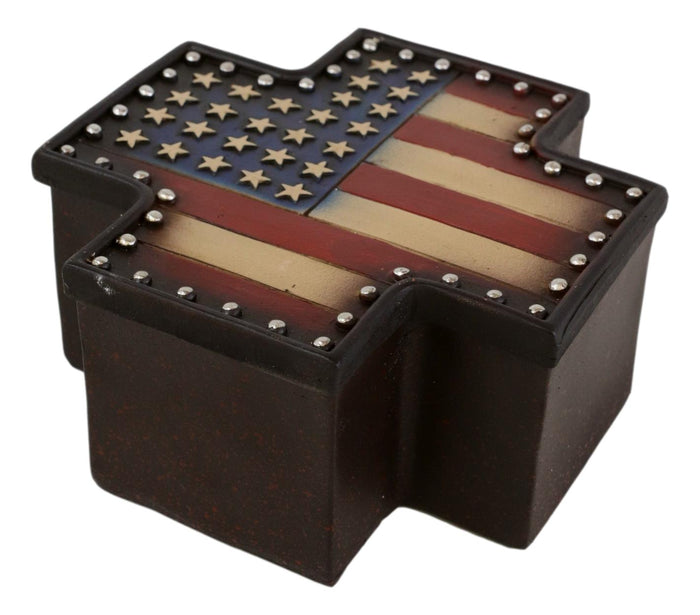 Ebros Gift Western Country Patriotic US American Flag Memorial Cross Decorative Jewelry Box