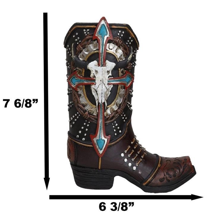 Ebros Gift Western Cow Skull Turquoise Cross And Barbed Wires Cowboy Boot Vase Figurine