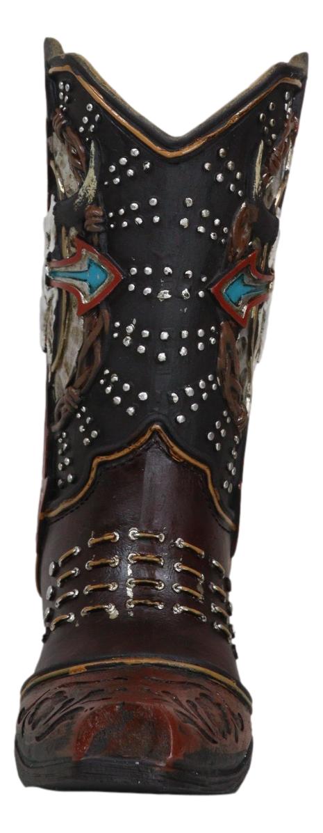 Ebros Gift Western Cow Skull Turquoise Cross And Barbed Wires Cowboy Boot Vase Figurine