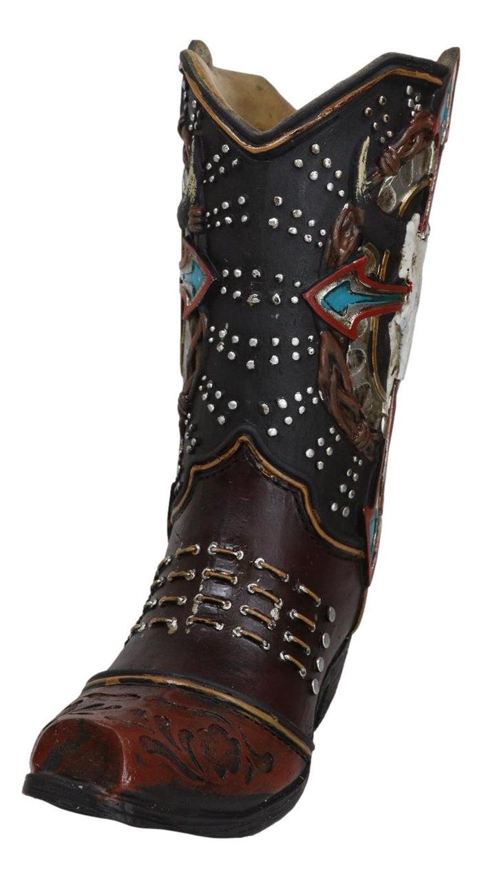 Ebros Gift Western Cow Skull Turquoise Cross And Barbed Wires Cowboy Boot Vase Figurine
