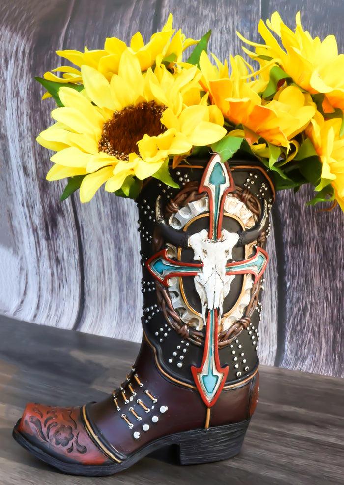 ebros gift Western Cow Skull Turquoise Cross and Barbed Wires Cowboy Boot Vase Figurine