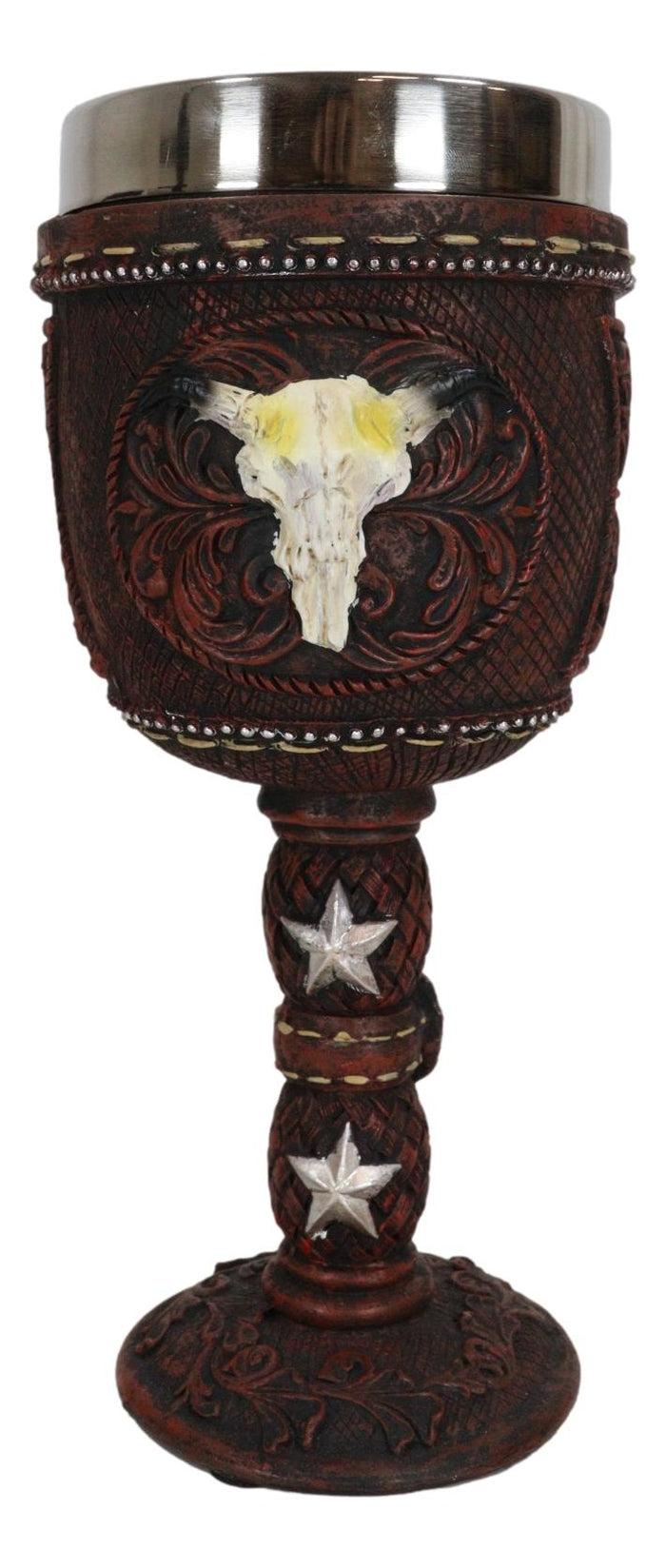 Ebros Gift Western Cow Skull Western Stars Floral Scroll Faux Tooled Leather Wine Goblet