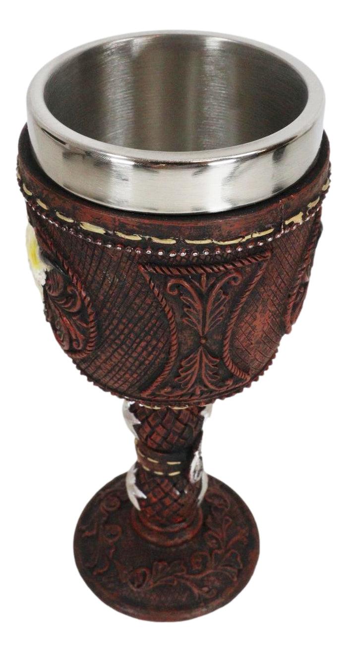 Ebros Gift Western Cow Skull Western Stars Floral Scroll Faux Tooled Leather Wine Goblet