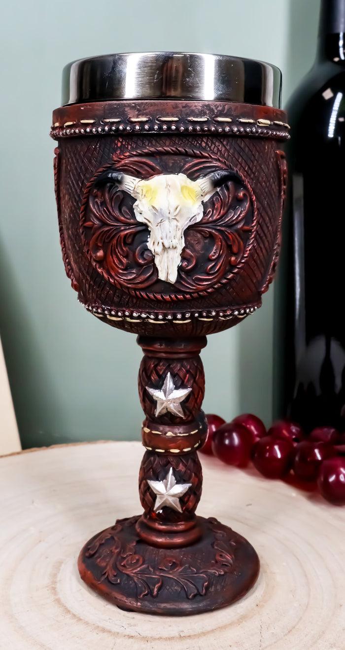 ebros gift Western Cow Skull Western Stars Floral Scroll Faux Tooled Leather Wine Goblet