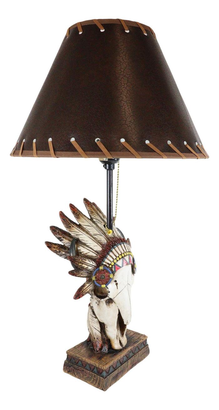 Ebros Gift Western Cow Skull With Tribal Indian Chief Feathers Roach Headdress Table Lamp