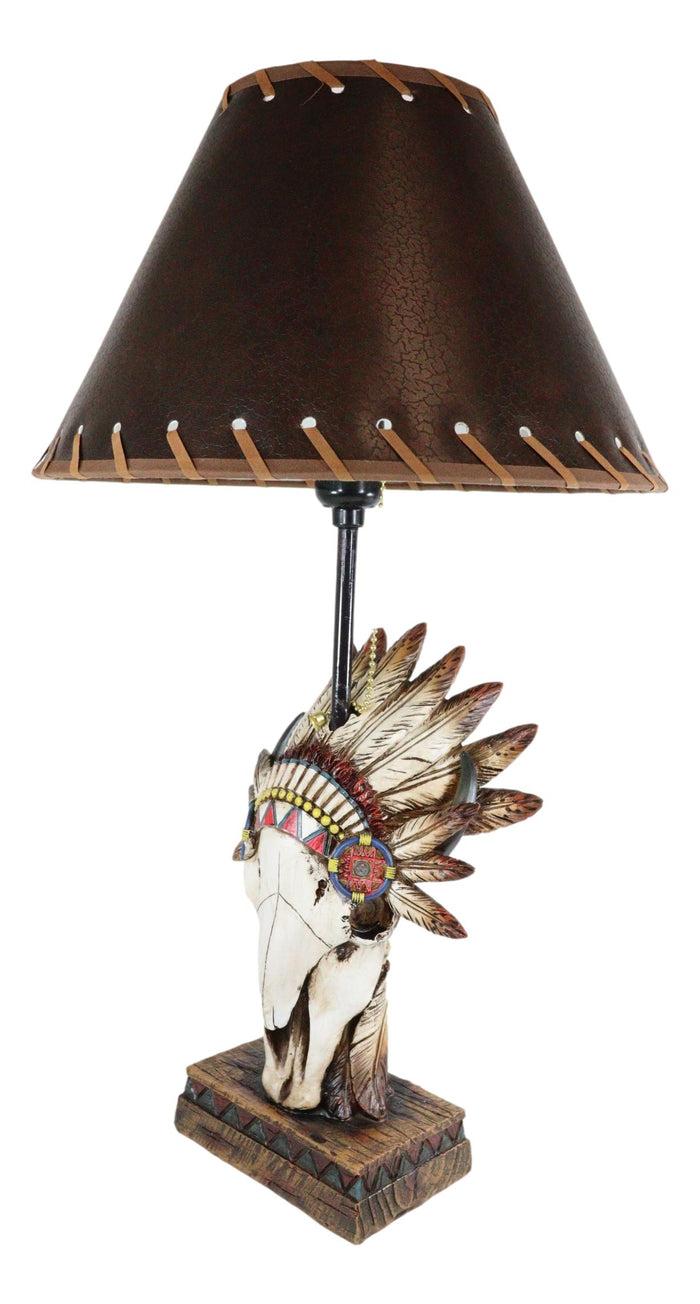 Ebros Gift Western Cow Skull With Tribal Indian Chief Feathers Roach Headdress Table Lamp