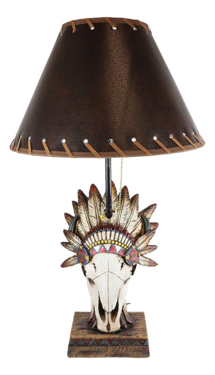 Ebros Gift Western Cow Skull With Tribal Indian Chief Feathers Roach Headdress Table Lamp