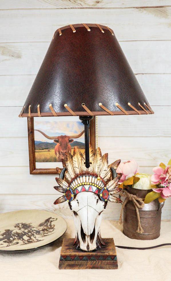 ebros gift Western Cow Skull with Tribal Indian Chief Feathers Roach Headdress Table Lamp