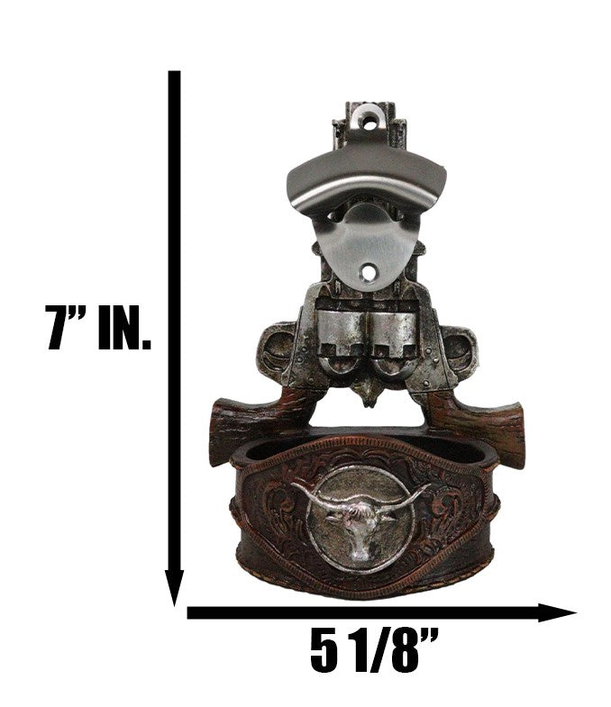 Ebros Gift Western Cowboy 2 Gun Pistols Silver Texas Longhorn Concho Wall Bottle Cap Opener
