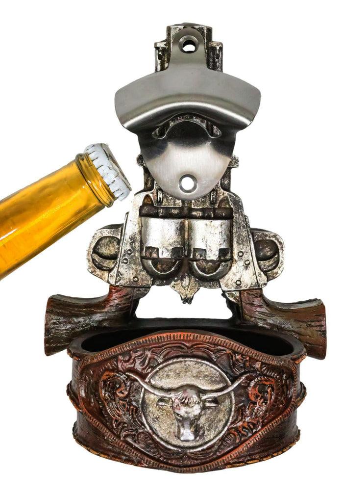 ebros gift Western Cowboy 2 Gun Pistols Silver Texas Longhorn Concho Wall Bottle Cap Opener
