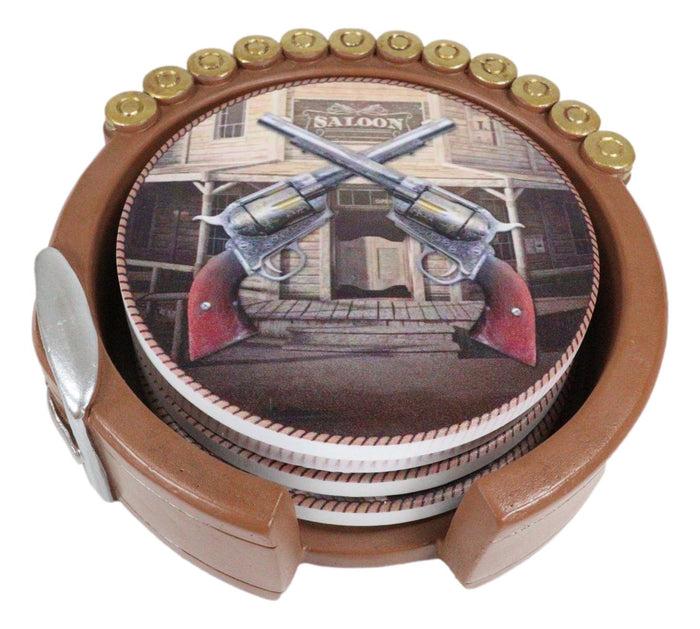 Ebros Gift Western Cowboy Ammo Bullets Belt With Dual Crossed Revolver Guns Coaster Set