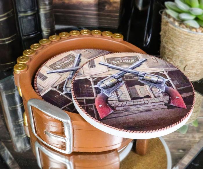 ebros gift Western Cowboy Ammo Bullets Belt With Dual Crossed Revolver Guns Coaster Set