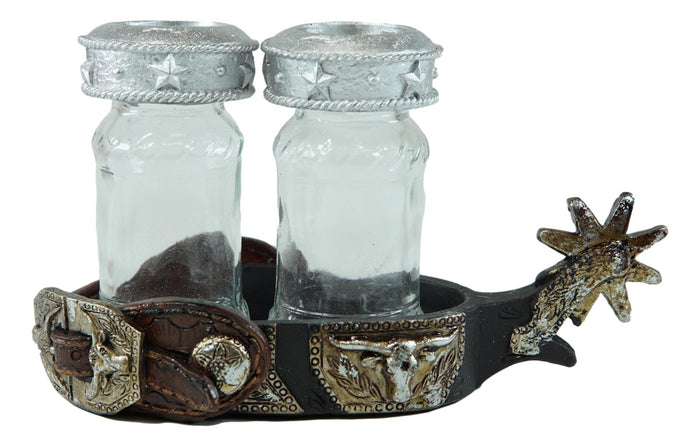 Ebros Gift Western Cowboy Boot Spur Longhorn Concho Faux Leather Salt Pepper Shakers Set