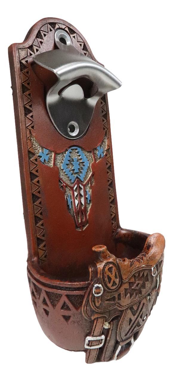 Ebros Gift Western Cowboy Country Rustic Horse Saddle With Cow Skull Wall Bottle Opener