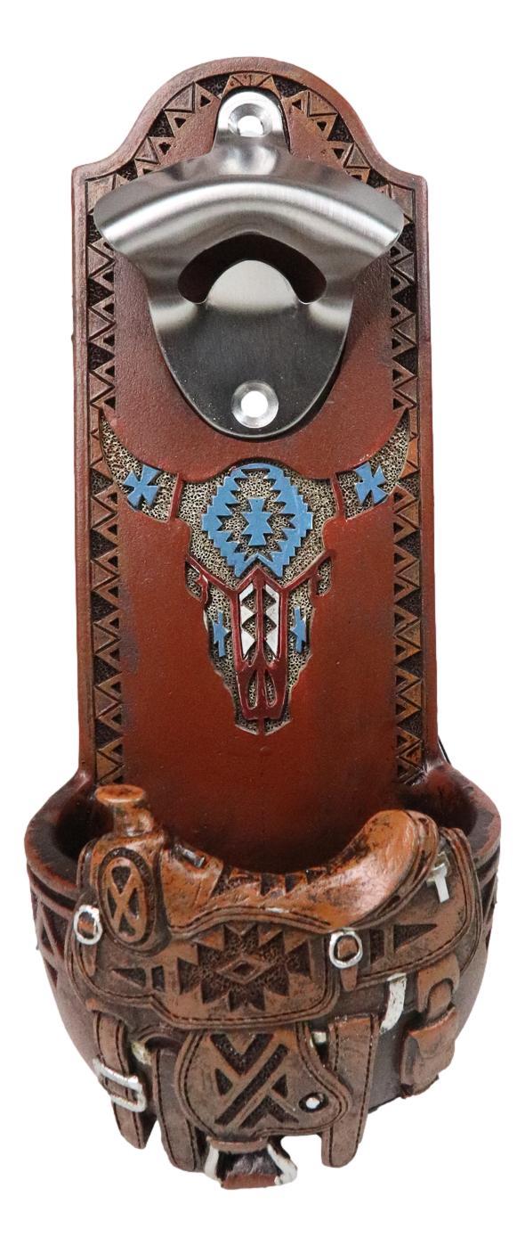 ebros gift Western Cowboy Country Rustic Horse Saddle With Cow Skull Wall Bottle Opener