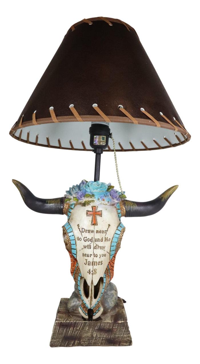 Ebros Gift Western Cowboy Cow Skull With Floral Succulents Bible Verse Table Lamp Decor